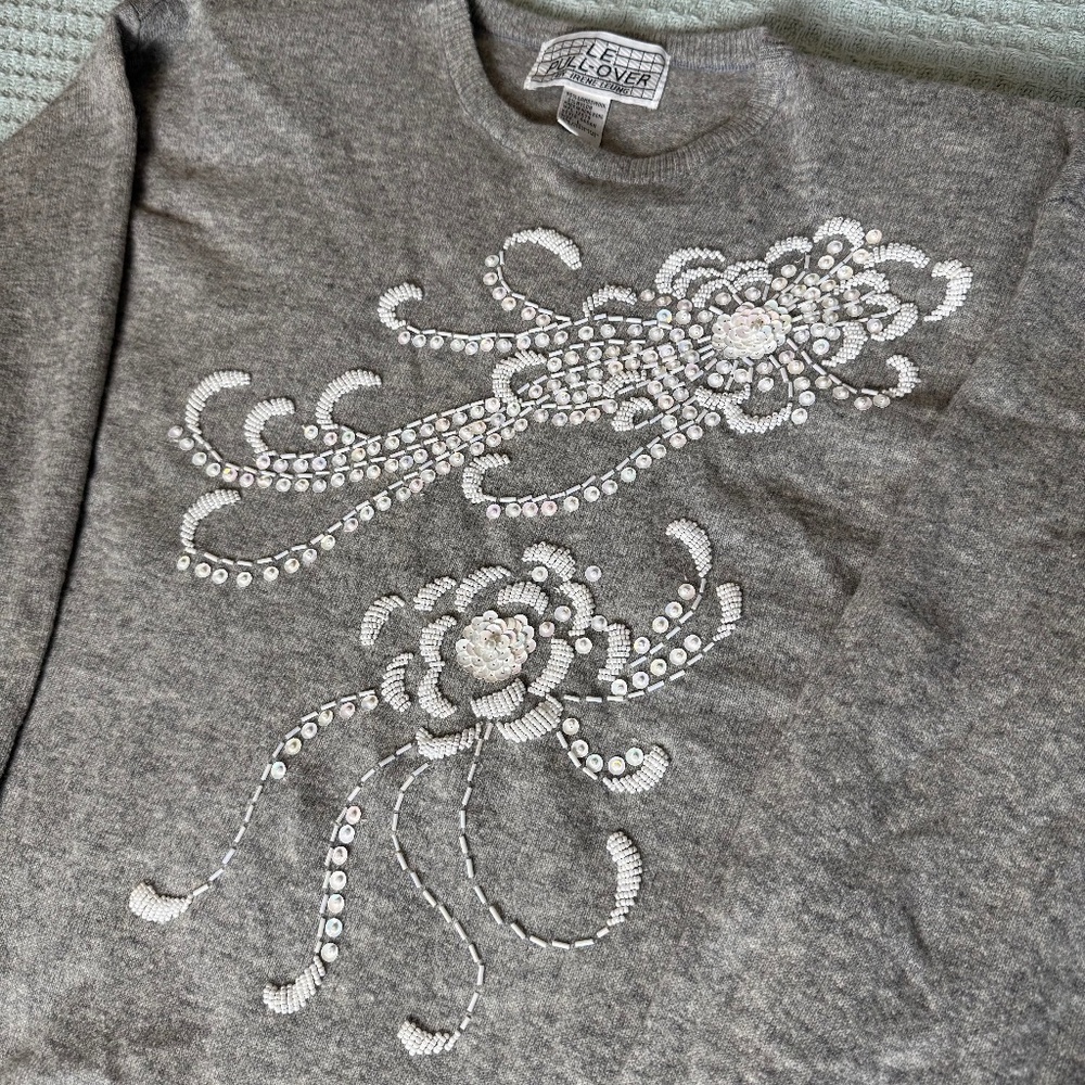 Vintage Le Pull-Over Wool Sweater Womens Large Gray Beaded Sequin Top Shirt Glam